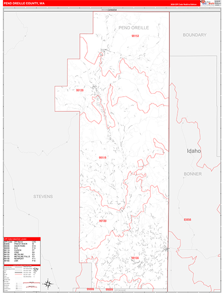 Pend Oreille County, WA Wall Map Red Line Style